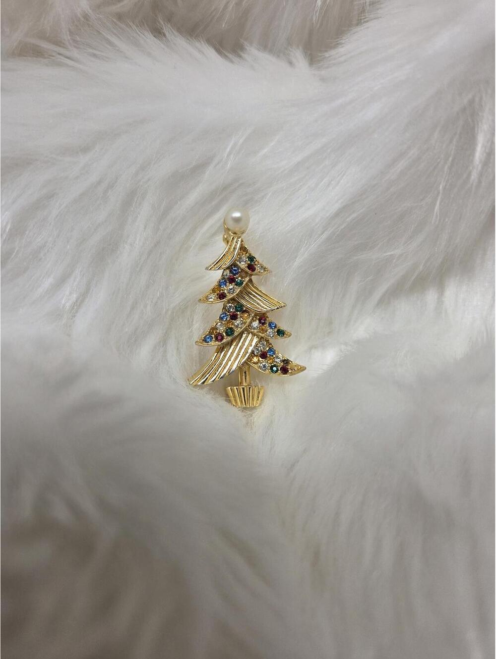 Vintage Style Christmas Tree Pin Brooch with Multicolor Rhinestones